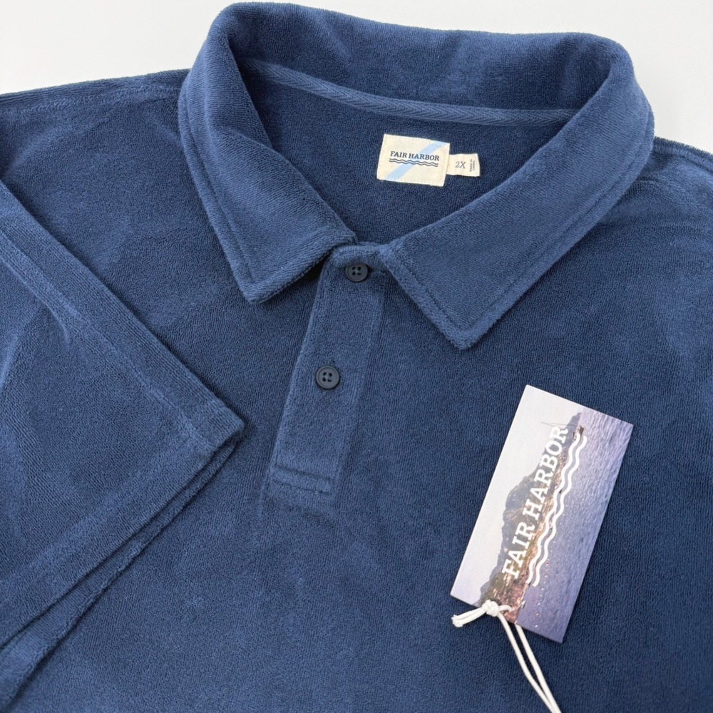 Fair Harbor Mens 2X Terry Cloth Polo Shirt Navy Blue‎ Organic Cotton NEW